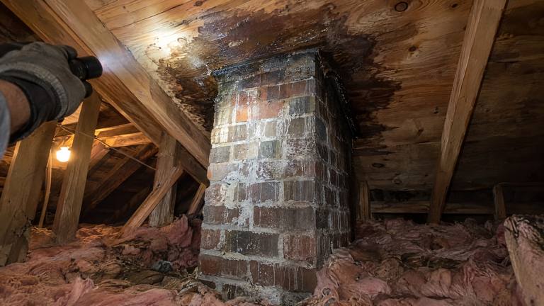 A flashlight lights dark water stains on attic roof boards and damp insulation beside a brick chimney.