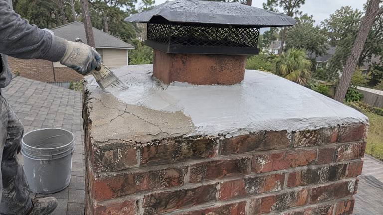A brush spreads gray elastomeric coating over hairline cracks on a concrete chimney crown.