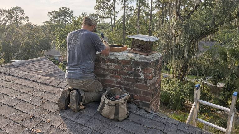A worker kneels on a shingle roof beside a brick chimney and checks the top of the clay flue.