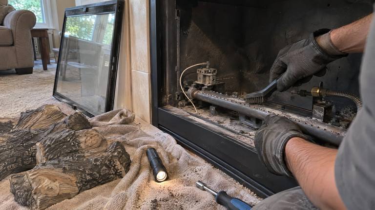 Gloved hands brush dust and debris out of the ports of a gas fireplace burner laid on a towel.