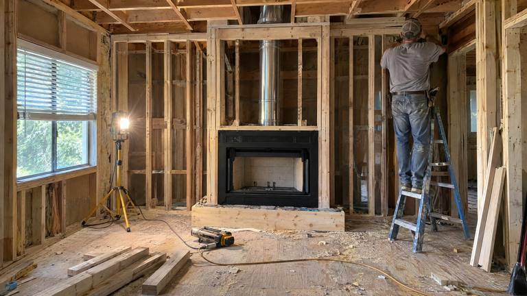 A new factory-built fireplace box sits in a freshly framed wall with its chimney pipe running up through the framing.