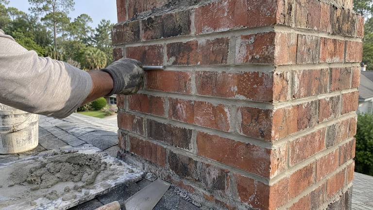 Fresh gray mortar joints on a repointed red brick chimney, with a jointer and a mortar board resting on the roof.
