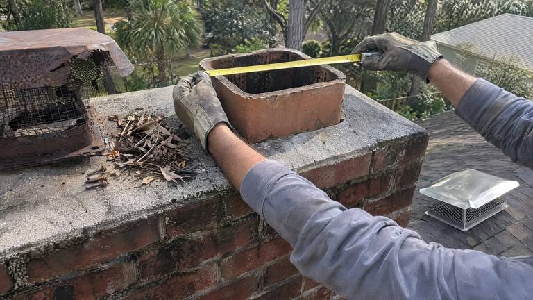 Gloved hands hold a tape measure across the top of a clay flue tile before a new chimney cap goes on.