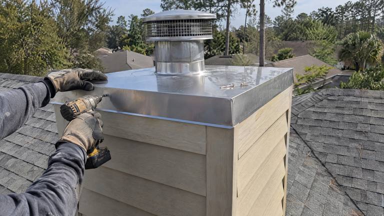 Gloved hands drive a screw through the edge of a new stainless steel chase cover on a chimney chase clad in tan siding.