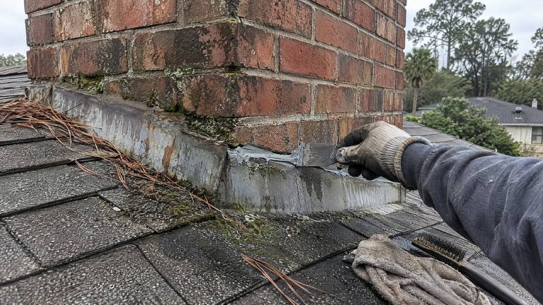 A gloved hand presses fresh sealant into an open seam where the flashing meets the base of a brick chimney.