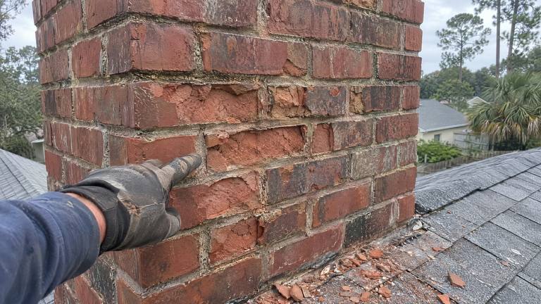 Several red bricks on the side of a chimney have flaked-off faces and crumbling mortar joints.