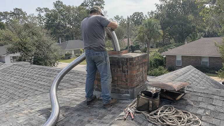 A worker on a shingle roof feeds a flexible stainless steel liner into a brick chimney, with rope and a tool bag beside him.