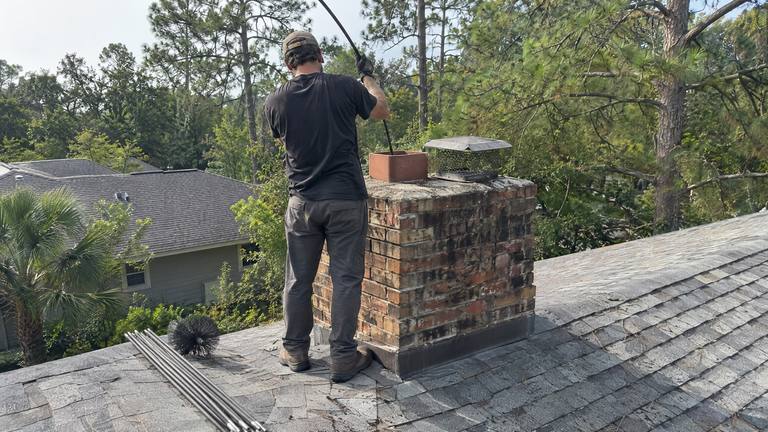 A worker on a shingle roof feeds a flexible sweep rod into the flue of a brick chimney.