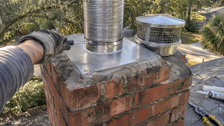 A stainless top plate and rain cap are being fastened over a new stainless liner on top of a brick chimney.