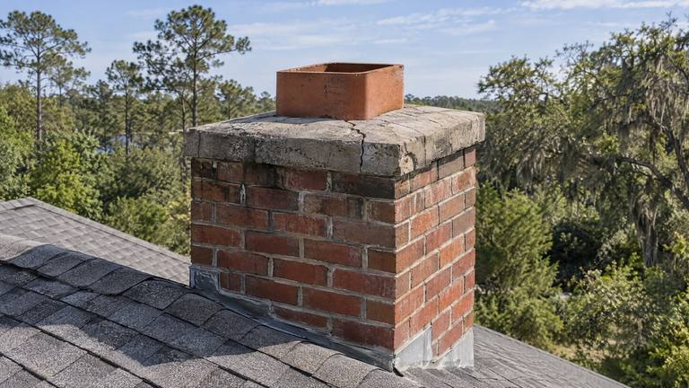 A red brick chimney with a cracked, weathered concrete crown and a clay flue tile, with pines and oaks behind.